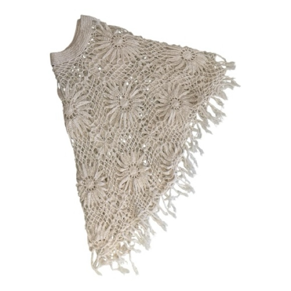 Democracy | Ivory Crochet Tassel Fringe Poncho | Size XL